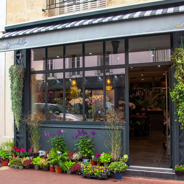 façade de la boutique : façade en aluminium gris foncé avec une verrière et un store à rayures grises et blanches. Des plantes en pot sont posées devant au pied de la façade.